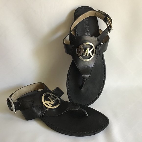 Michael Kors Shoes - Michael Kors Black Leather Sandal n Size 7 1/2 Large Silver MK Buckle Eblem